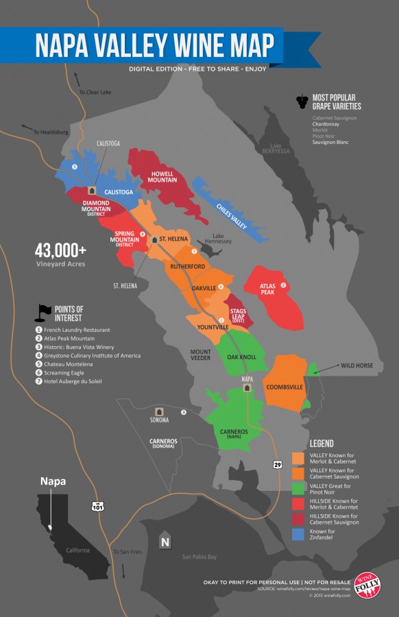 Das Napa Valley auf einer Karte von www.winefolly.com. 